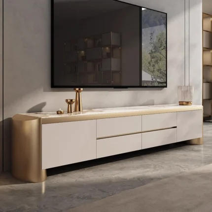 Metal TV stand with sintered stone top for modern living room in India