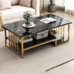 SS rectangle center table with glass top and stainless steel base