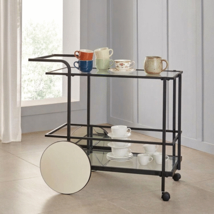 Modern Black Glass Bar Trolley Cart with Wheels