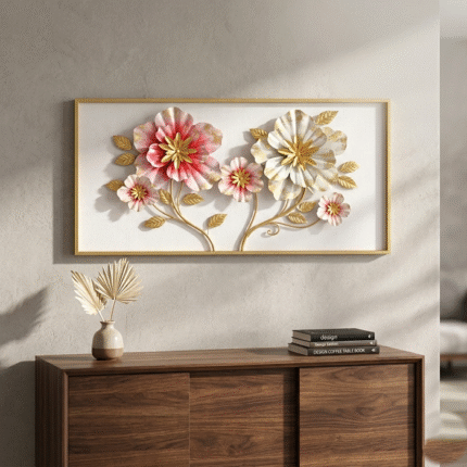 Luxury Floral Metal Wall Art Frame with Pink & White Flowers