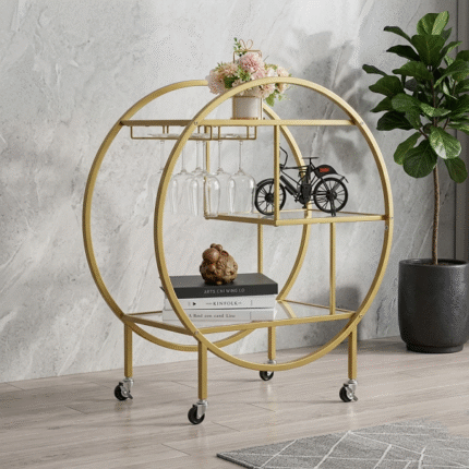 Designer gold circular bar trolley cart with glass holder and shelves for luxury home decor