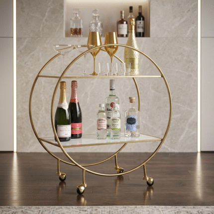 Designer gold circular bar trolley cart with glass shelves and wheels for luxury home decor