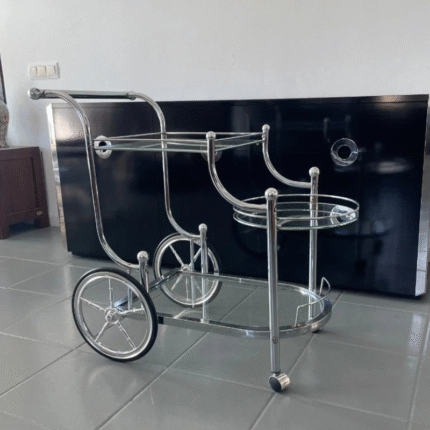 Luxury Chrome Bar Trolley Cart with Glass Shelves and Wheels