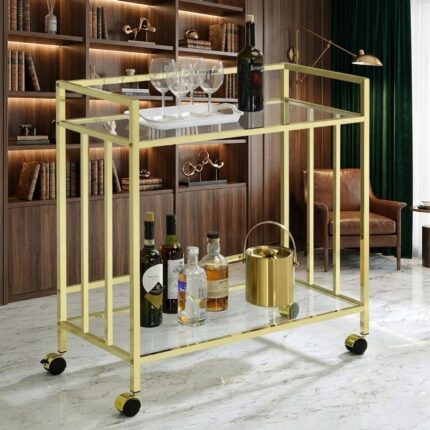 Luxury Gold Metal Bar Trolley Cart Glass Shelves