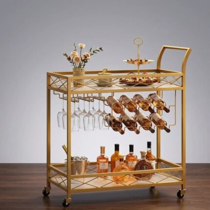 Luxury Gold Metal Bar Trolley Cart with Wine Rack & Glass Holder