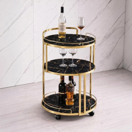 Luxury Round Gold Bar Trolley with Marble Finish Shelves