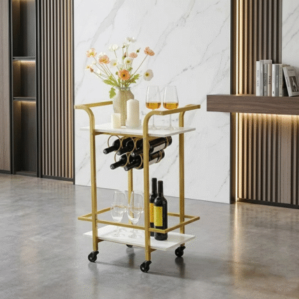 Luxury gold bar trolley cart with wine rack and white shelves for modern home decor