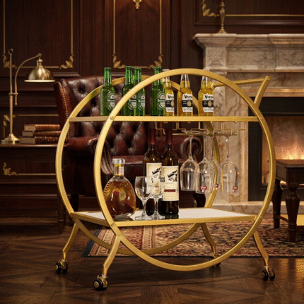 Luxury gold circular wine bar trolley cart with glass holder for modern home decor