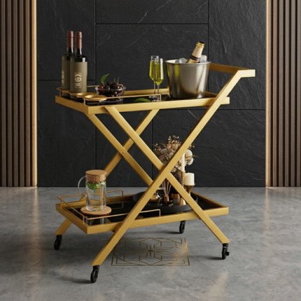 Luxury gold foldable serving trolley cart with wheels for modern home decor