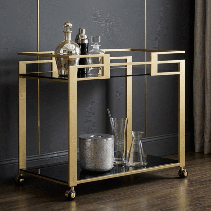 Luxury gold metal bar trolley cart with black glass shelves and wheels for modern home decor