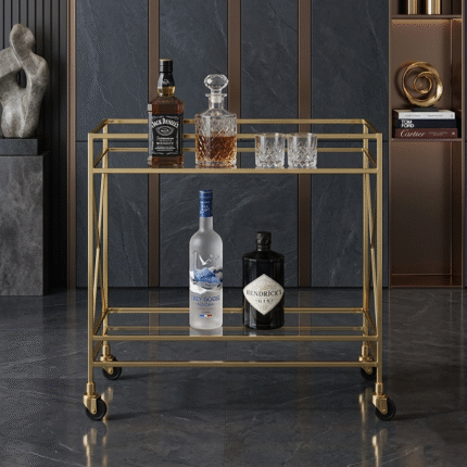 Luxury gold metal bar trolley cart with glass shelves and wheels for modern home decor