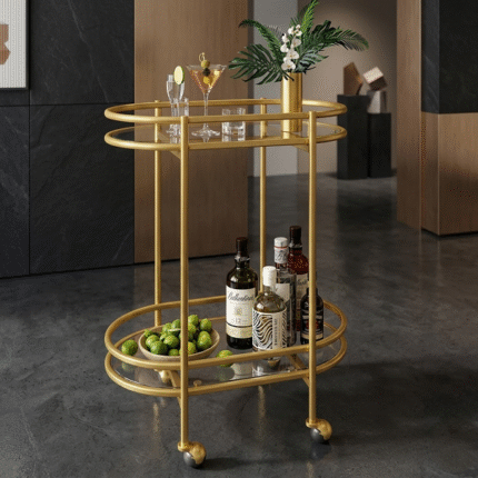Luxury gold round serving trolley cart with glass shelves and wheels for modern home decor