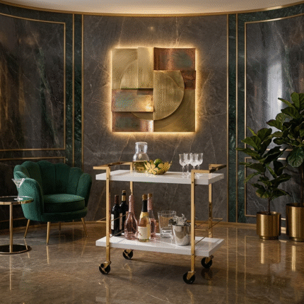 Luxury gold serving trolley cart with white shelves and wheels for modern home decor