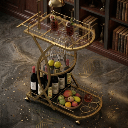 Luxury gold wine bar trolley cart with glass holder and bottle storage for modern home decor