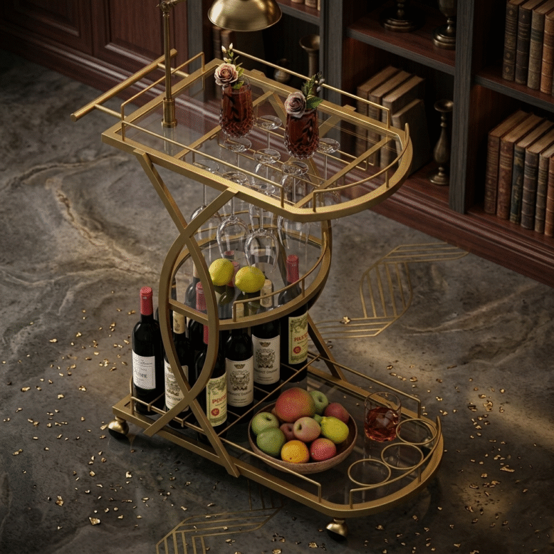 Luxury gold wine bar trolley cart with glass holder and bottle storage for modern home decor