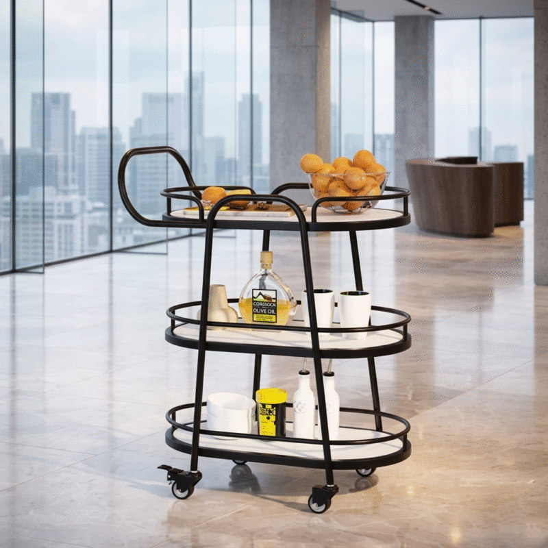 Modern Black 3 Tier Kitchen & Serving Trolley Cart With Wheels