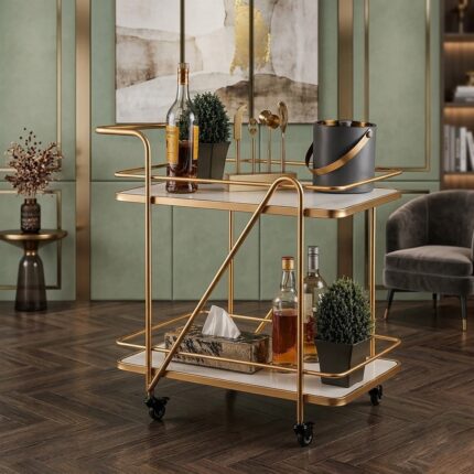 Modern Luxury Gold Bar Trolley Cart with Marble Finish Shelves