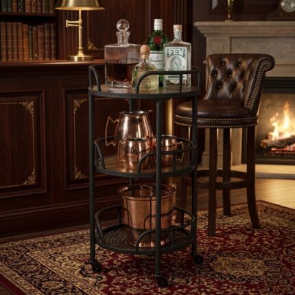 Modern Round Black Metal Bar Trolley Cart with 3-Tier Storage