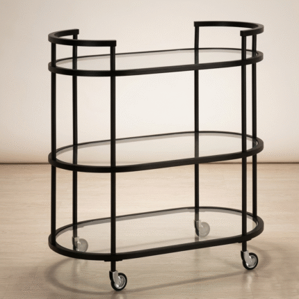 Modern black oval bar trolley cart with glass shelves and wheels for luxury home decor