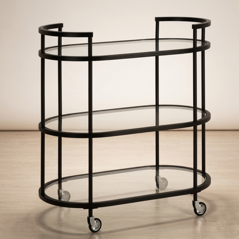 Modern black oval bar trolley cart with glass shelves and wheels for luxury home decor