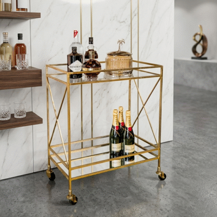 Modern gold bar trolley cart with glass shelves and wheels for luxury home decor