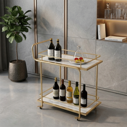 Modern gold bar trolley cart with white shelves and wheels for luxury home decor