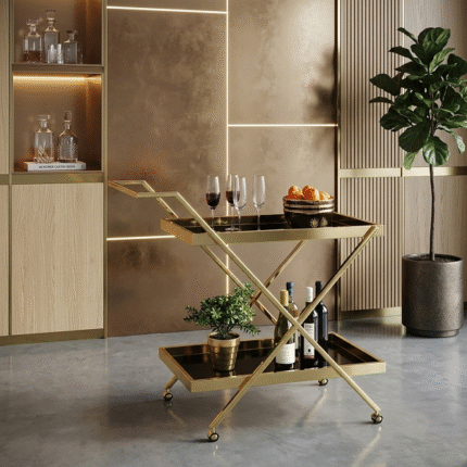 Modern gold foldable bar trolley cart with serving trays and wheels for luxury home decor