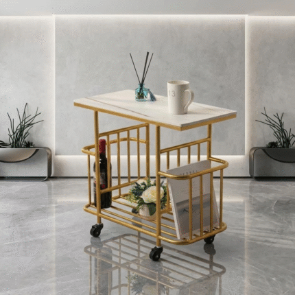 Modern gold side table trolley with storage rack and wheels for luxury home decor