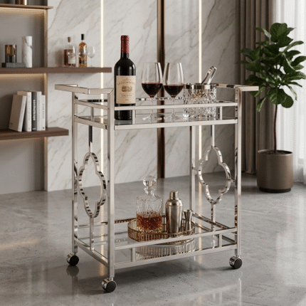 Modern silver stainless steel bar trolley cart with designer frame and wheels for luxury home decor