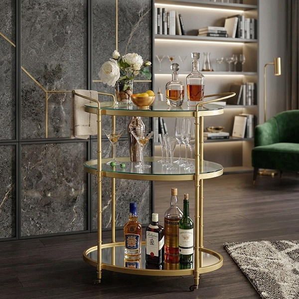 Premium gold round bar trolley cart with glass shelves and wheels for luxury home decor