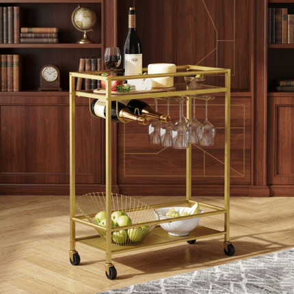 Luxury gold wine serving trolley cart with glass holder and bottle rack for modern home decor